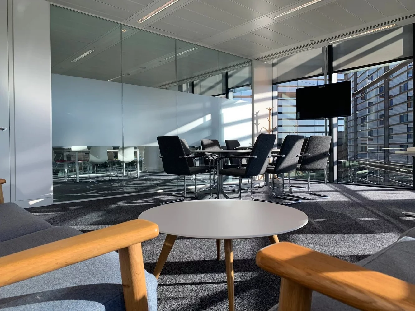 office interior with glass partitions